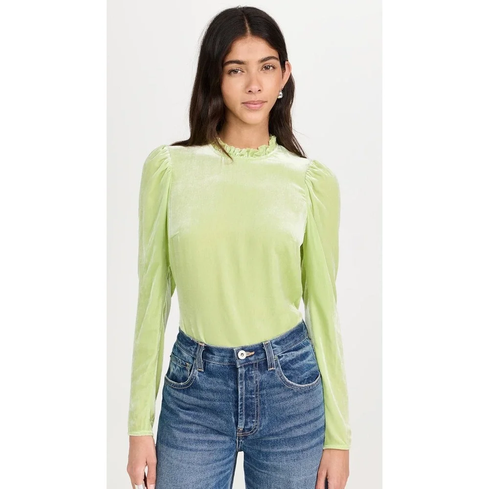 Ulla Johnson Marlene Velvet Blouse Size 0 Pistachio Puff Sleeve High Neck Chic